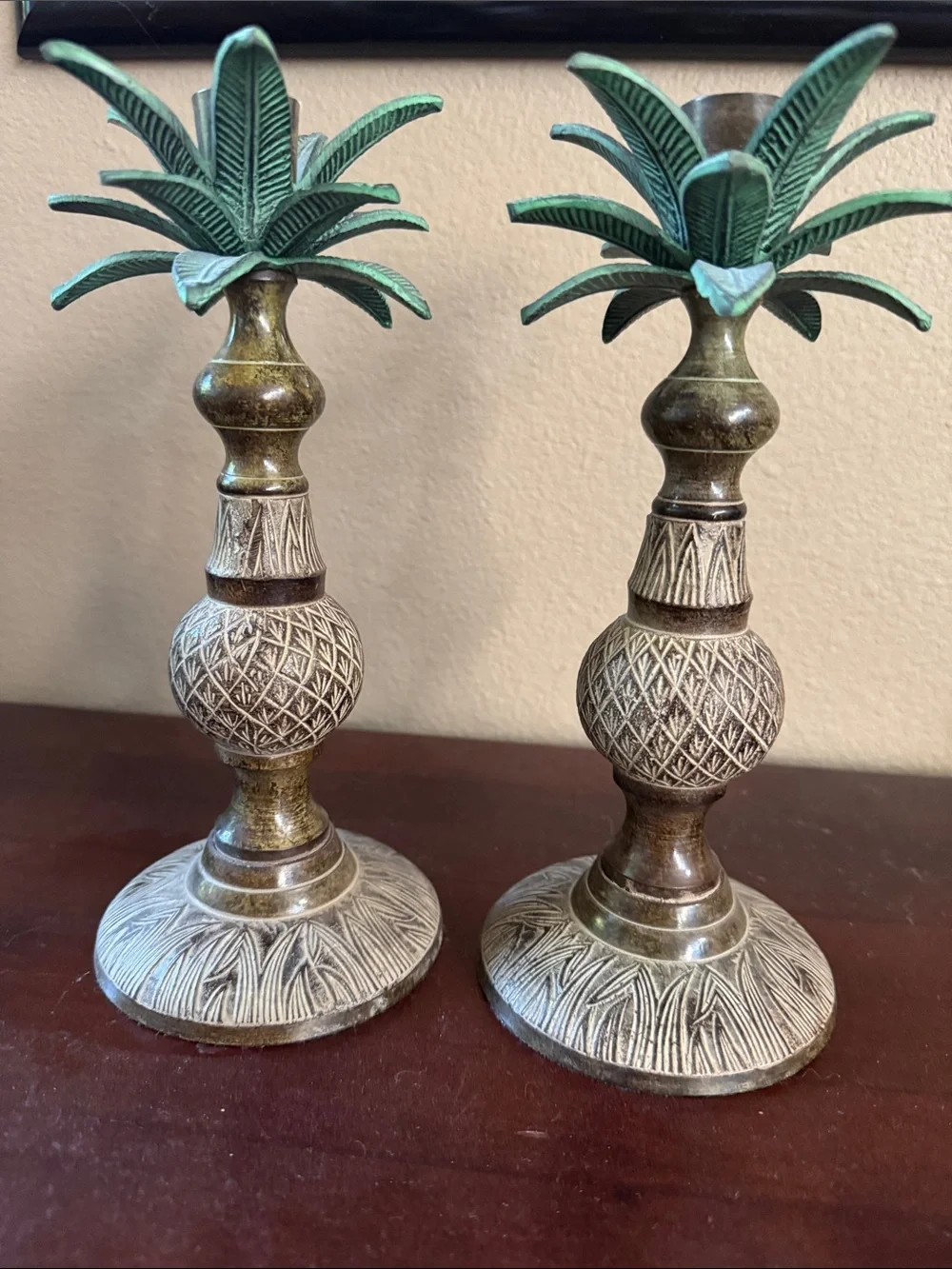 Decorative Green and Aged Brass Pineapple Candleholders - Home Accents